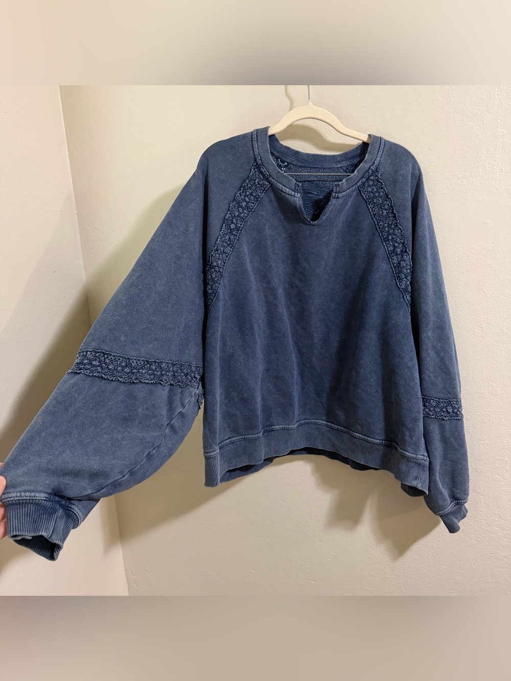 Aerie Hey Crochet Mineral Wash Sweatshirt Large boho Balloon-style sleeves - Picture 5 of 11